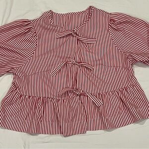 SHEIN Red and White Striped Blouse with Bows